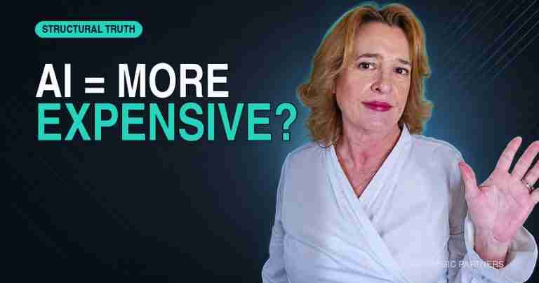 Angie Dobransky, founder of RAD Strategic Partners, with the headline "AI = More Expensive?" illustrating that AI multiplies independent teams but adds cost to owner-dependent businesses.