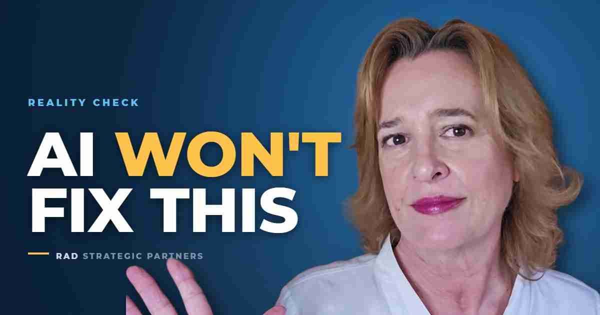 Angie Dobransky with bold text reading "AI Won't Fix This" — thumbnail for a video on why AI amplifies structurally mature businesses